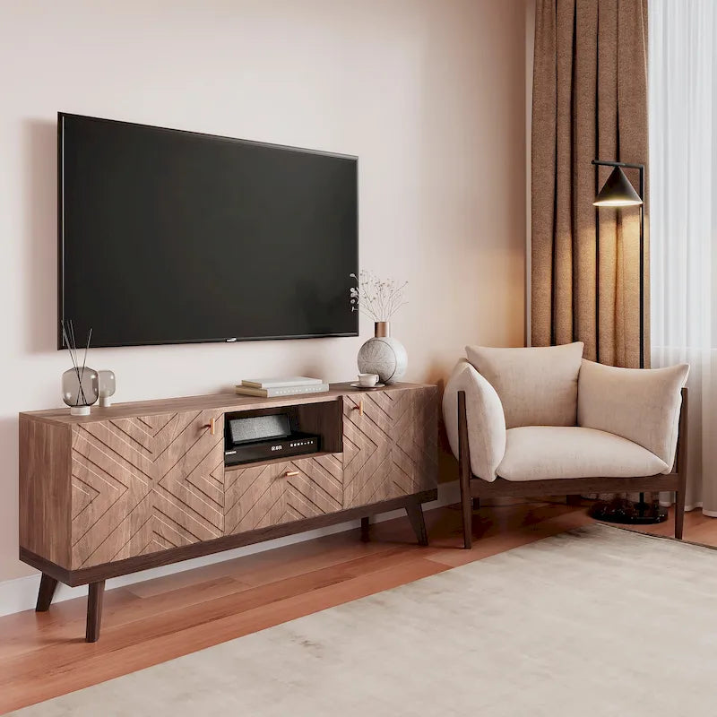 Mobile TV consolle scandinavo di metà secolo con cassetto e 3 ante – Beige / Grigio / Bianco / Marrone, Singolo, Adatto a TV fino a 65"
