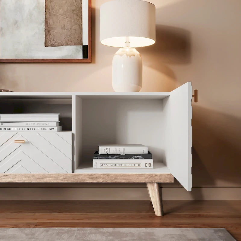 Mobile TV consolle scandinavo di metà secolo con cassetto e 3 ante – Beige / Grigio / Bianco / Marrone, Singolo, Adatto a TV fino a 65"