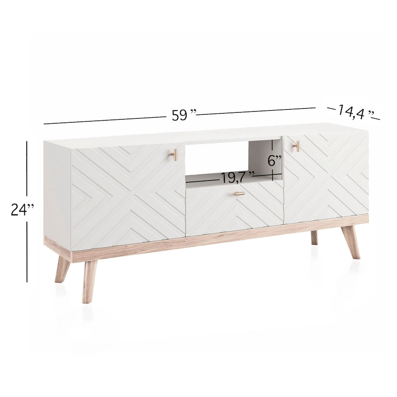 Mobile TV consolle scandinavo di metà secolo con cassetto e 3 ante – Beige / Grigio / Bianco / Marrone, Singolo, Adatto a TV fino a 65"