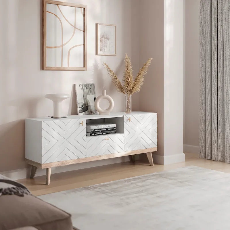 Mobile TV consolle scandinavo di metà secolo con cassetto e 3 ante – Beige / Grigio / Bianco / Marrone, Singolo, Adatto a TV fino a 65"