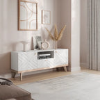 Mobile TV consolle scandinavo di metà secolo con cassetto e 3 ante – Beige / Grigio / Bianco / Marrone, Singolo, Adatto a TV fino a 65"