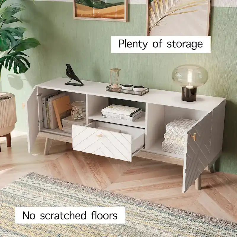 Mobile TV consolle scandinavo di metà secolo con cassetto e 3 ante – Beige / Grigio / Bianco / Marrone, Singolo, Adatto a TV fino a 65"