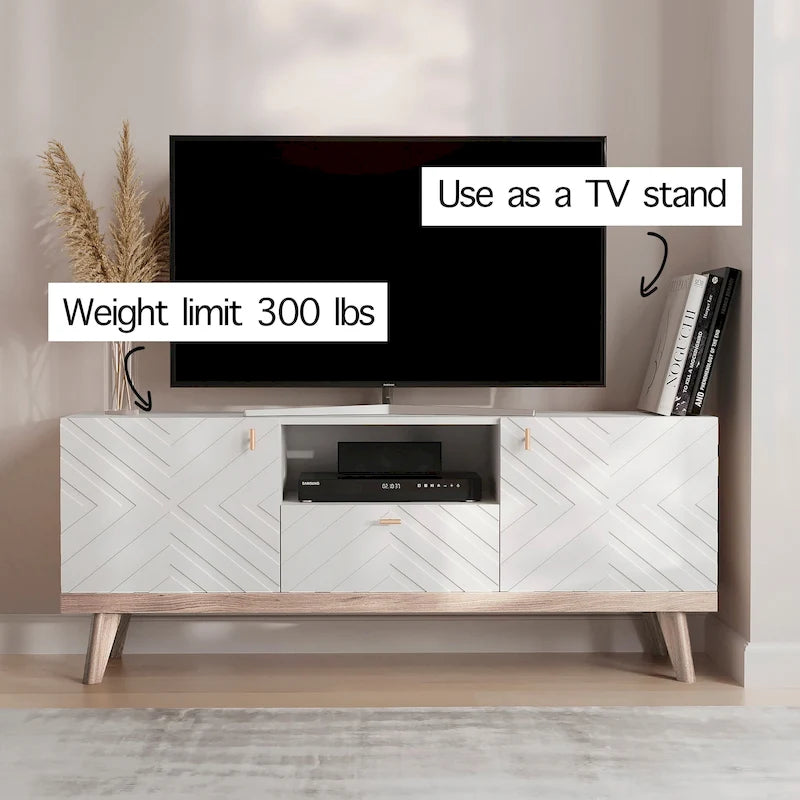 Mobile TV consolle scandinavo di metà secolo con cassetto e 3 ante – Beige / Grigio / Bianco / Marrone, Singolo, Adatto a TV fino a 65"