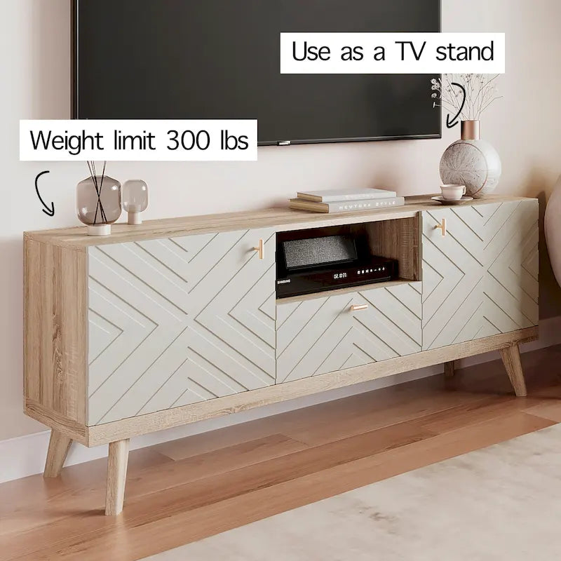 Mobile TV consolle scandinavo di metà secolo con cassetto e 3 ante – Beige / Grigio / Bianco / Marrone, Singolo, Adatto a TV fino a 65"