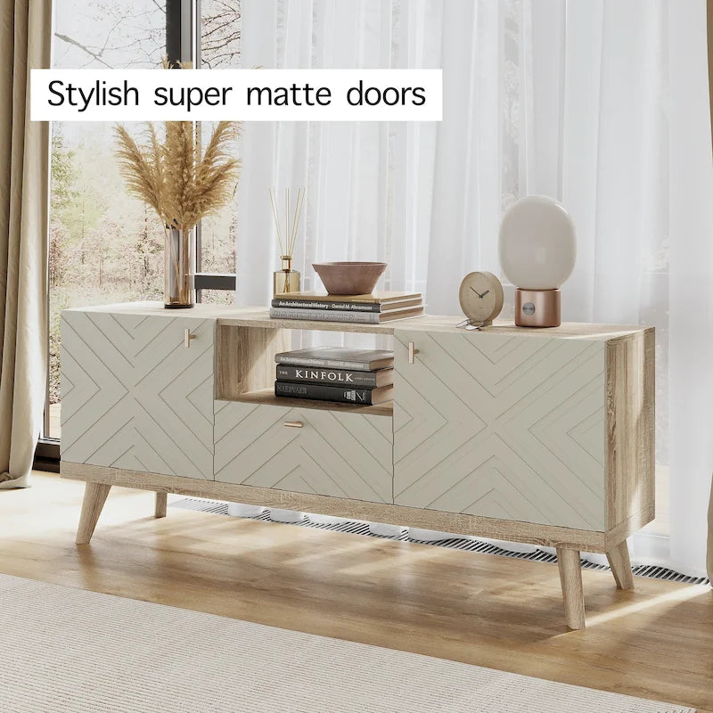 Mobile TV consolle scandinavo di metà secolo con cassetto e 3 ante – Beige / Grigio / Bianco / Marrone, Singolo, Adatto a TV fino a 65"