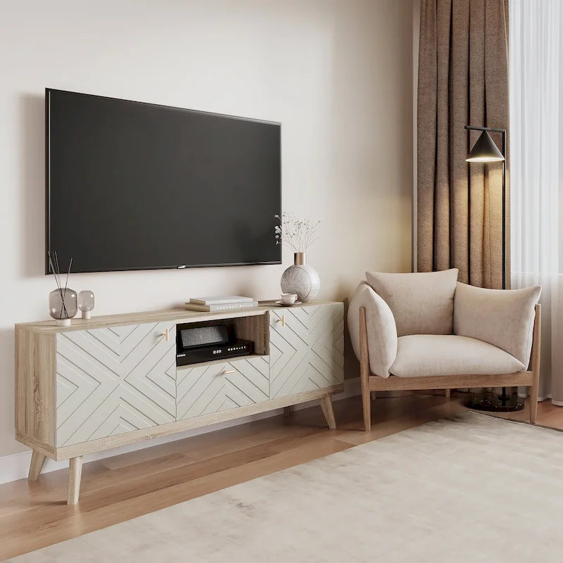 Mobile TV consolle scandinavo di metà secolo con cassetto e 3 ante – Beige / Grigio / Bianco / Marrone, Singolo, Adatto a TV fino a 65"