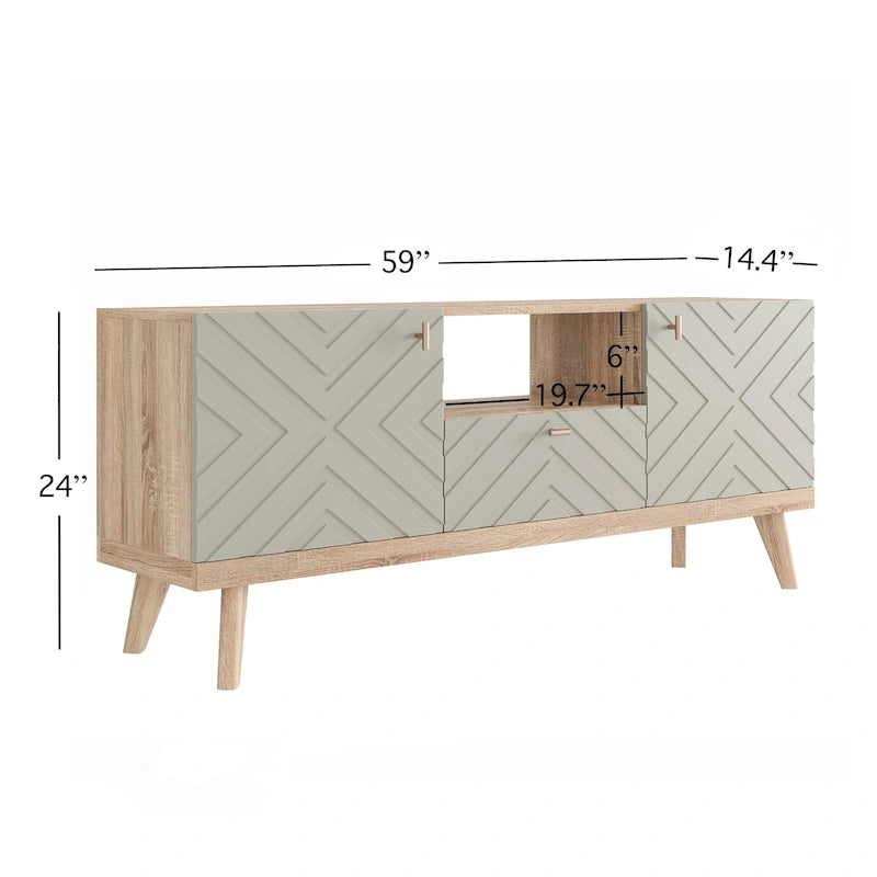 Mobile TV consolle scandinavo di metà secolo con cassetto e 3 ante – Beige / Grigio / Bianco / Marrone, Singolo, Adatto a TV fino a 65"