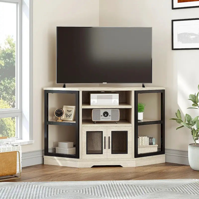 Mobile TV ad angolo in stile rustico con prese di corrente e porte USB – Rovere / Grigio Antracite / Marrone / Nero / Bianco e altro, Singolo, Adatto a TV fino a 55"