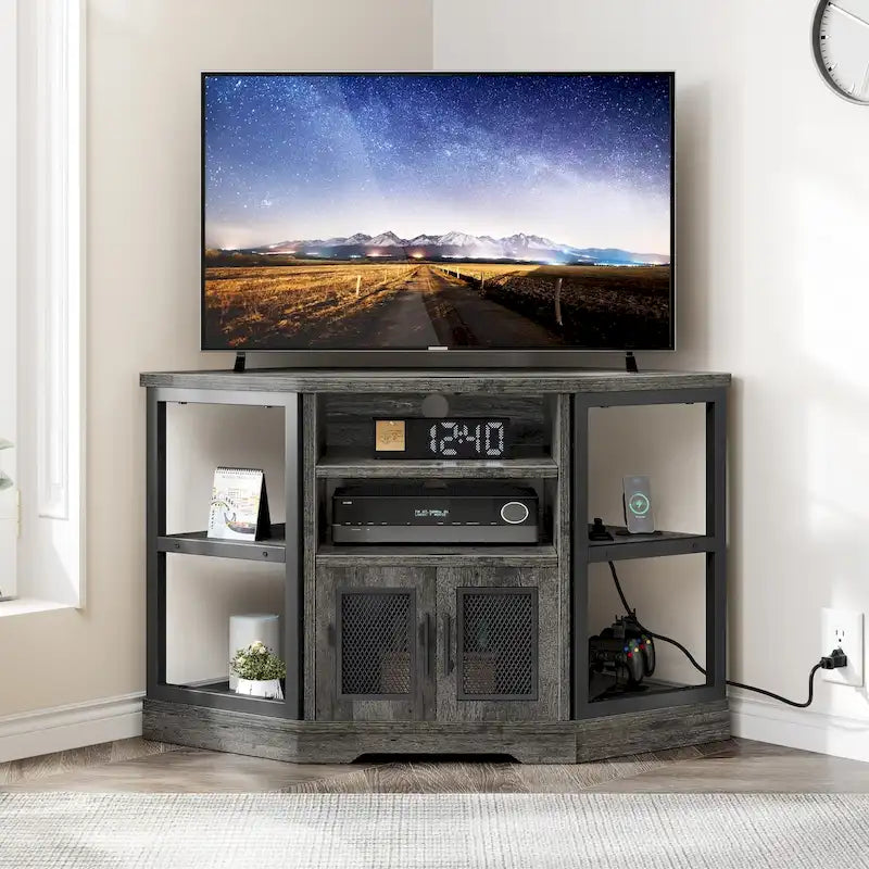 Mobile TV ad angolo in stile rustico con prese di corrente e porte USB – Rovere / Grigio Antracite / Marrone / Nero / Bianco e altro, Singolo, Adatto a TV fino a 55"