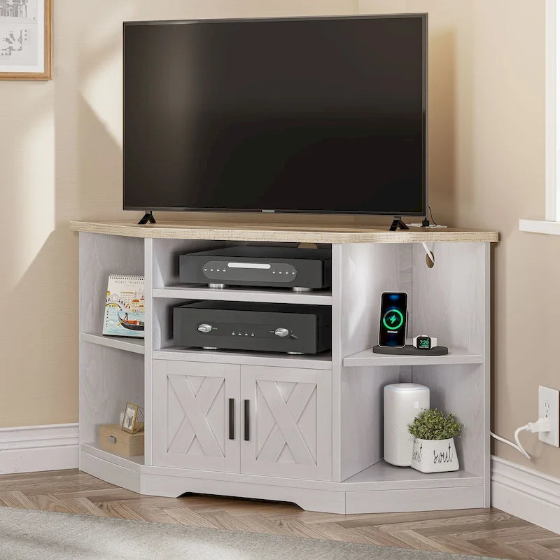 Mobile TV ad angolo in stile rustico con prese di corrente e porte USB – Rovere / Grigio Antracite / Marrone / Nero / Bianco e altro, Singolo, Adatto a TV fino a 55"
