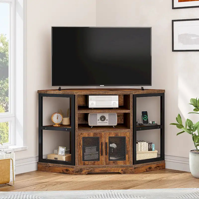 Mobile TV ad angolo in stile rustico con prese di corrente e porte USB – Rovere / Grigio Antracite / Marrone / Nero / Bianco e altro, Singolo, Adatto a TV fino a 55"