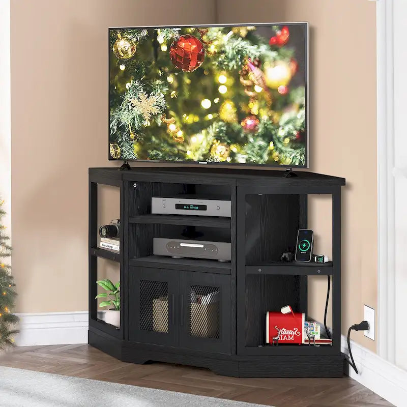 Mobile TV ad angolo in stile rustico con prese di corrente e porte USB – Rovere / Grigio Antracite / Marrone / Nero / Bianco e altro, Singolo, Adatto a TV fino a 55"