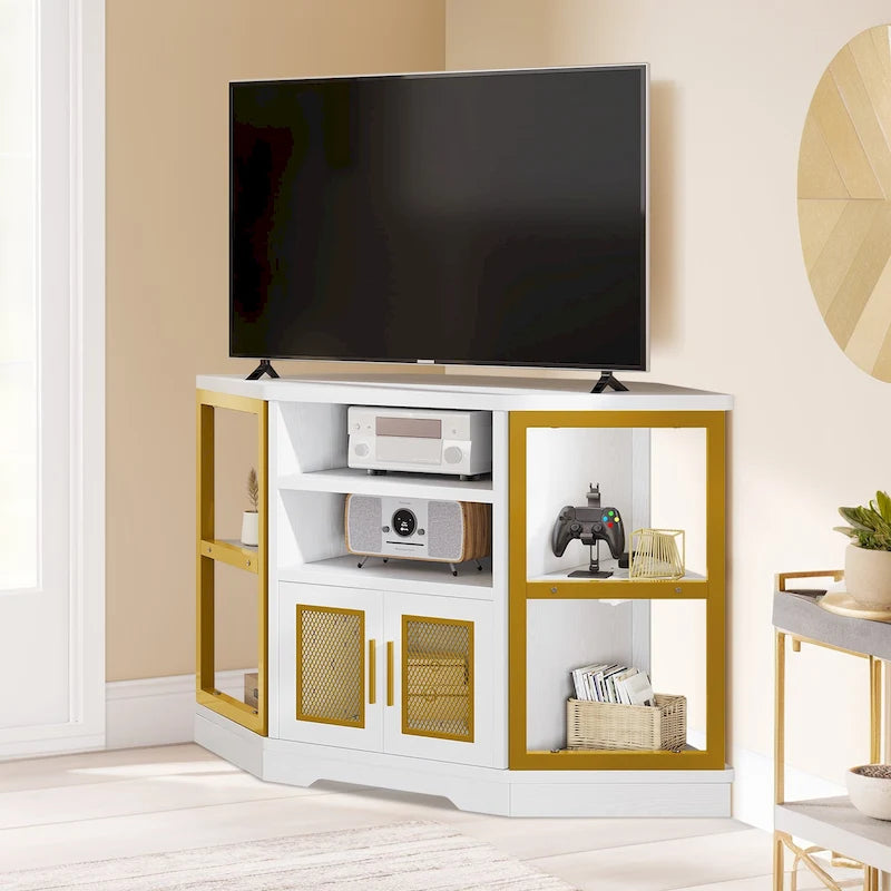 Mobile TV ad angolo in stile rustico con prese di corrente e porte USB – Rovere / Grigio Antracite / Marrone / Nero / Bianco e altro, Singolo, Adatto a TV fino a 55"