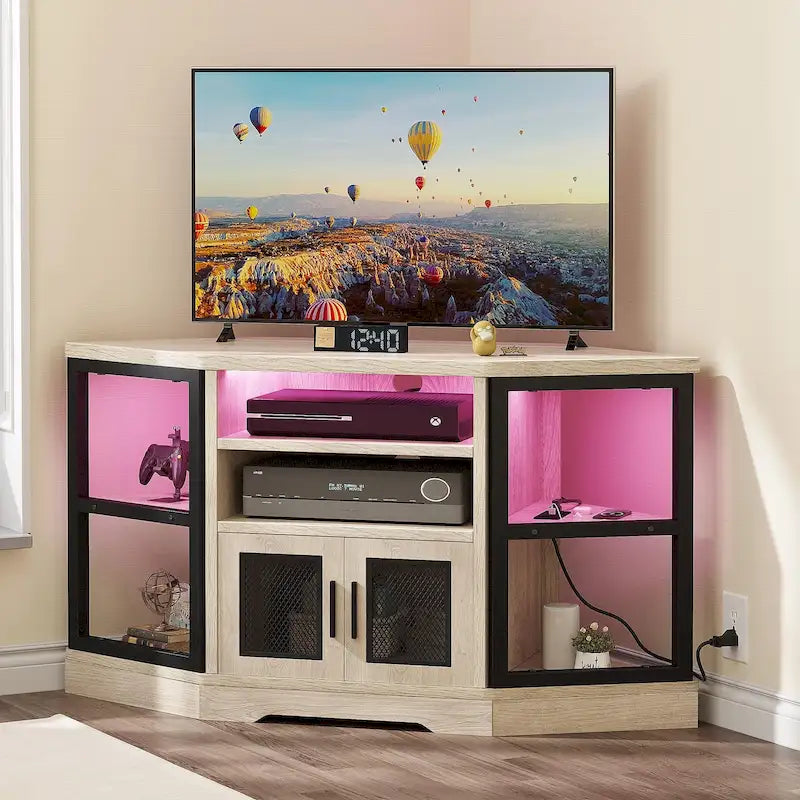 Mobile TV ad angolo in stile rustico con prese di corrente e porte USB – Rovere / Grigio Antracite / Marrone / Nero / Bianco e altro, Singolo, Adatto a TV fino a 55"