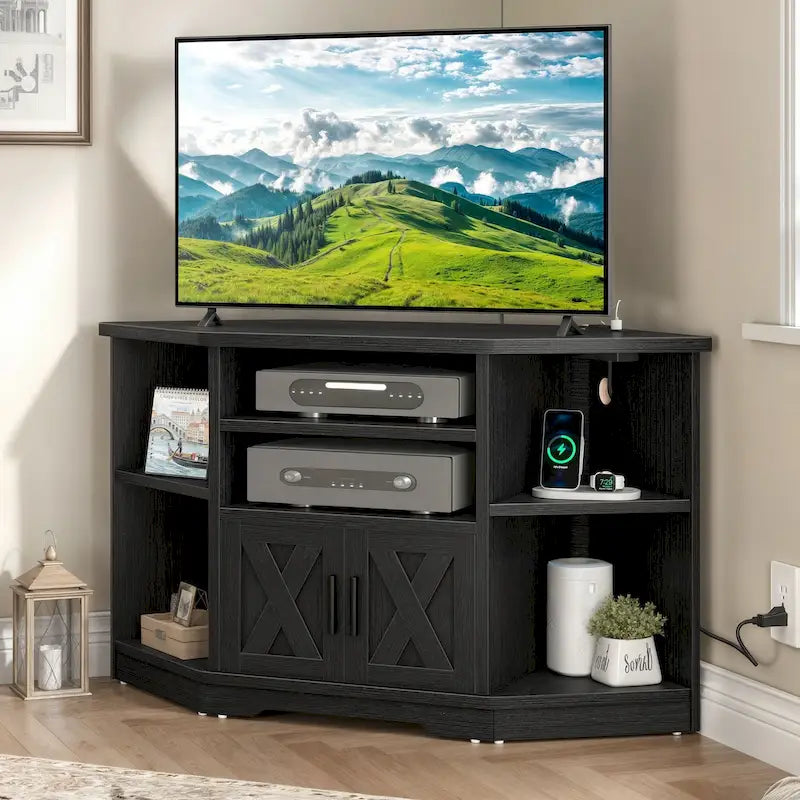 Mobile TV ad angolo in stile rustico con prese di corrente e porte USB – Rovere / Grigio Antracite / Marrone / Nero / Bianco e altro, Singolo, Adatto a TV fino a 55"