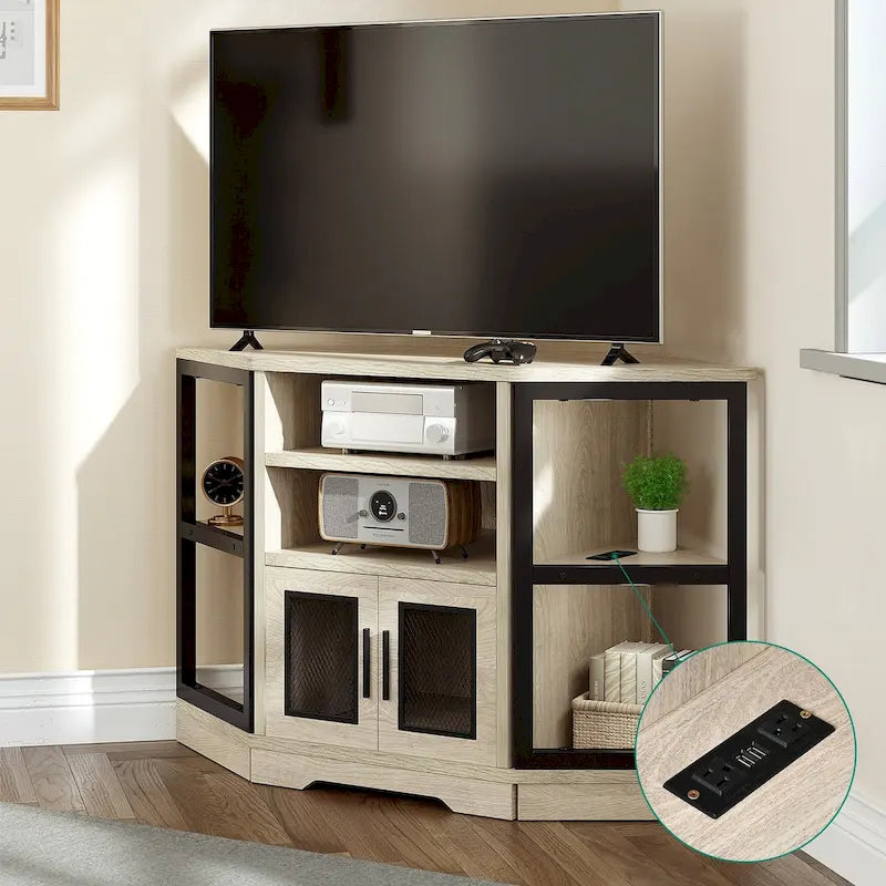 Mobile TV ad angolo in stile rustico con prese di corrente e porte USB – Rovere / Grigio Antracite / Marrone / Nero / Bianco e altro, Singolo, Adatto a TV fino a 55"