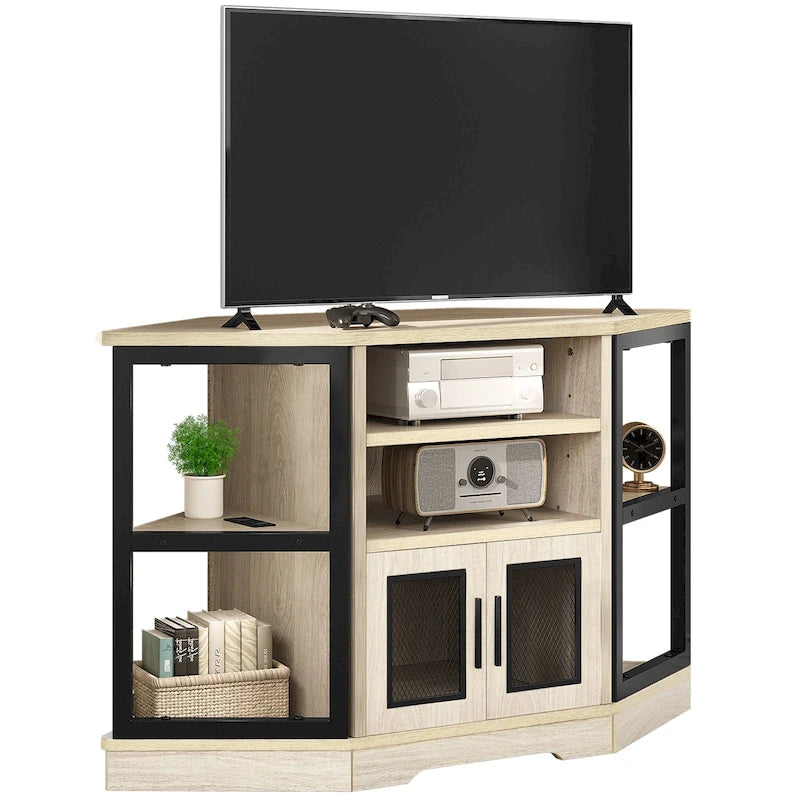 Mobile TV ad angolo in stile rustico con prese di corrente e porte USB – Rovere / Grigio Antracite / Marrone / Nero / Bianco e altro, Singolo, Adatto a TV fino a 55"