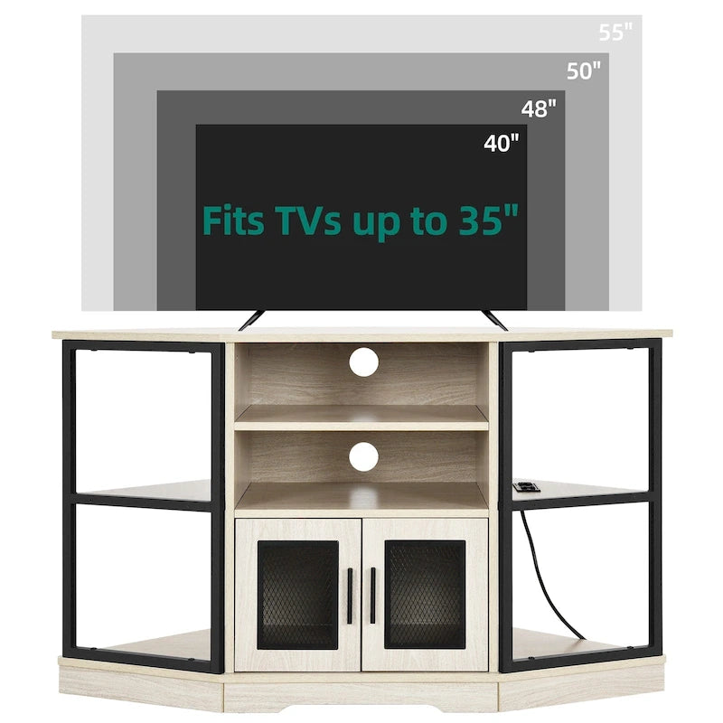 Mobile TV ad angolo in stile rustico con prese di corrente e porte USB – Rovere / Grigio Antracite / Marrone / Nero / Bianco e altro, Singolo, Adatto a TV fino a 55"