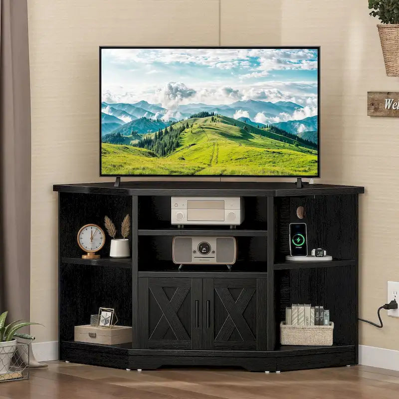 Mobile TV ad angolo in stile rustico con prese di corrente e porte USB – Rovere / Grigio Antracite / Marrone / Nero / Bianco e altro, Singolo, Adatto a TV fino a 55"