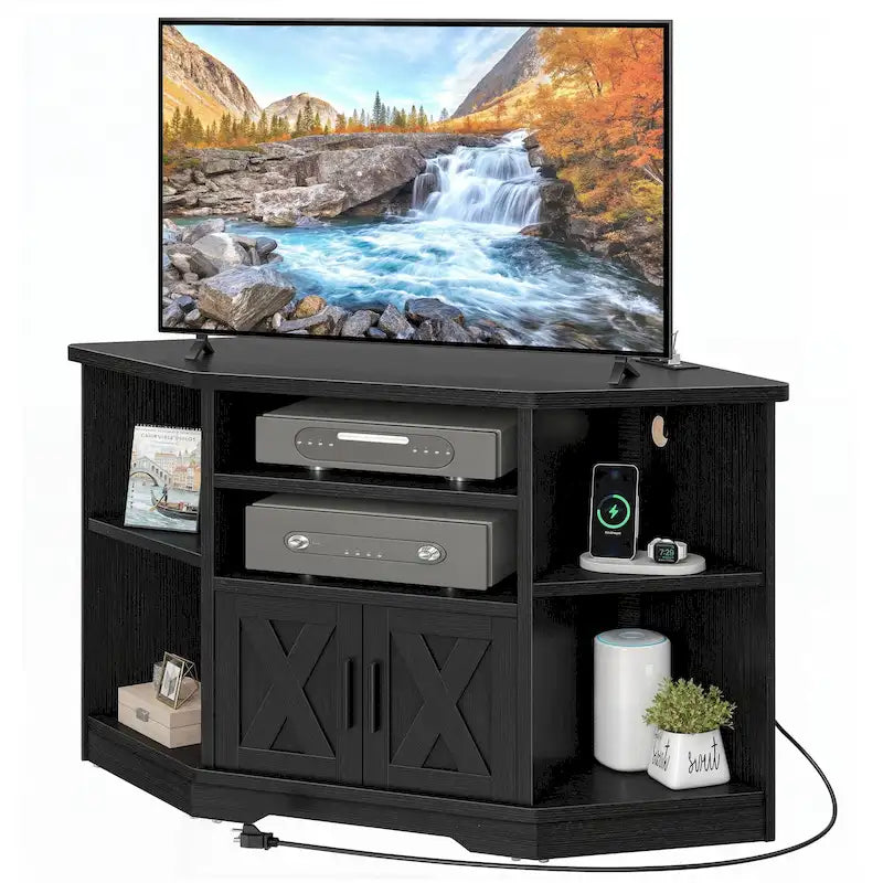 Mobile TV ad angolo in stile rustico con prese di corrente e porte USB – Rovere / Grigio Antracite / Marrone / Nero / Bianco e altro, Singolo, Adatto a TV fino a 55"