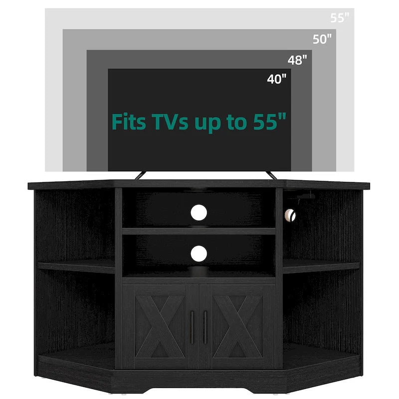 Mobile TV ad angolo in stile rustico con prese di corrente e porte USB – Rovere / Grigio Antracite / Marrone / Nero / Bianco e altro, Singolo, Adatto a TV fino a 55"