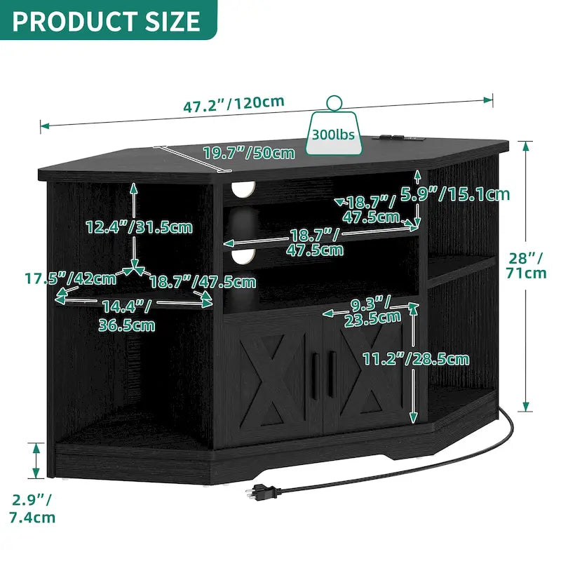 Mobile TV ad angolo in stile rustico con prese di corrente e porte USB – Rovere / Grigio Antracite / Marrone / Nero / Bianco e altro, Singolo, Adatto a TV fino a 55"