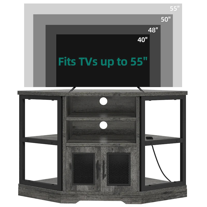 Mobile TV ad angolo in stile rustico con prese di corrente e porte USB – Rovere / Grigio Antracite / Marrone / Nero / Bianco e altro, Singolo, Adatto a TV fino a 55"