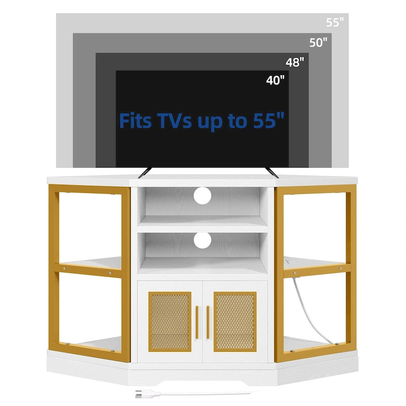 Mobile TV ad angolo in stile rustico con prese di corrente e porte USB – Rovere / Grigio Antracite / Marrone / Nero / Bianco e altro, Singolo, Adatto a TV fino a 55"