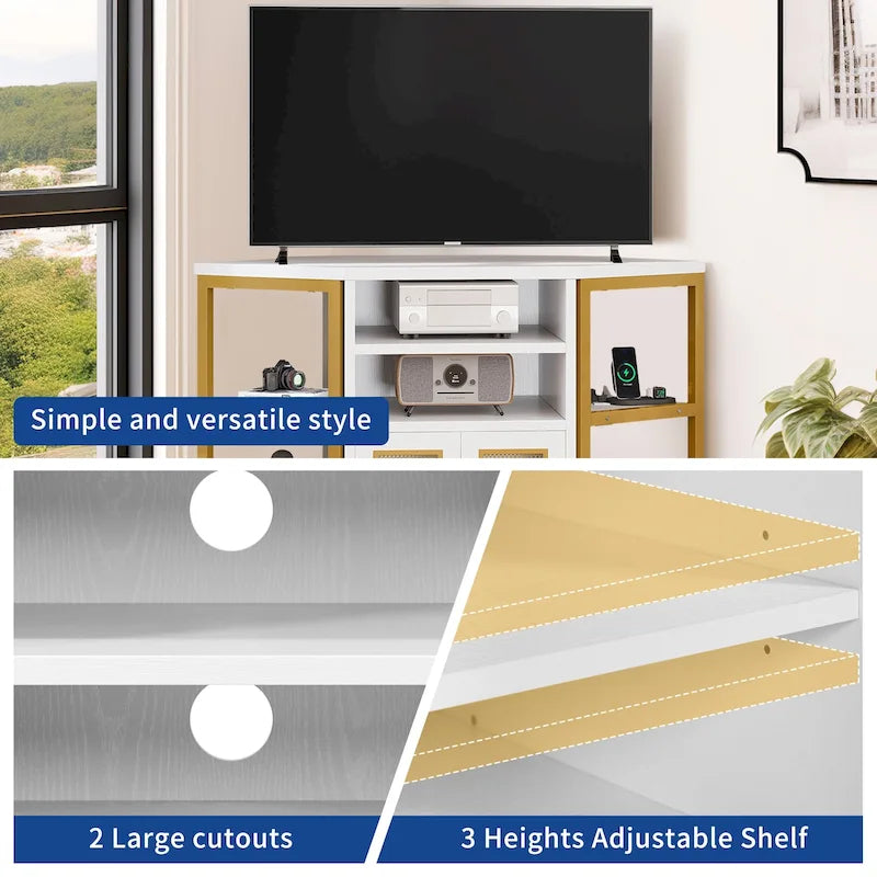 Mobile TV ad angolo in stile rustico con prese di corrente e porte USB – Rovere / Grigio Antracite / Marrone / Nero / Bianco e altro, Singolo, Adatto a TV fino a 55"
