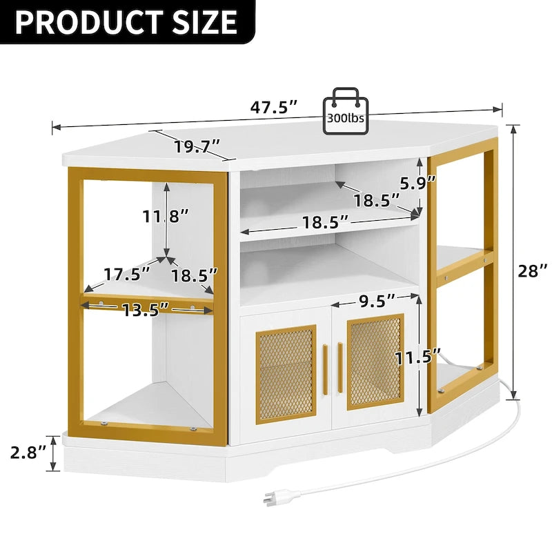 Mobile TV ad angolo in stile rustico con prese di corrente e porte USB – Rovere / Grigio Antracite / Marrone / Nero / Bianco e altro, Singolo, Adatto a TV fino a 55"