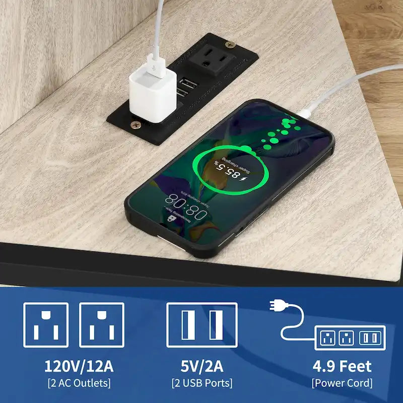 Mobile TV ad angolo in stile rustico con prese di corrente e porte USB – Rovere / Grigio Antracite / Marrone / Nero / Bianco e altro, Singolo, Adatto a TV fino a 55"