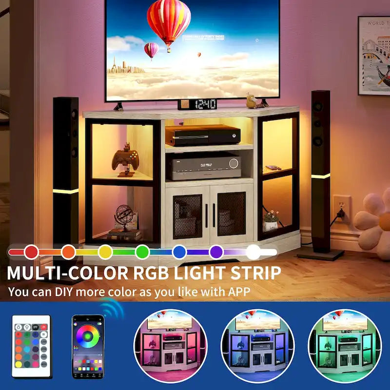 Mobile TV ad angolo in stile rustico con prese di corrente e porte USB – Rovere / Grigio Antracite / Marrone / Nero / Bianco e altro, Singolo, Adatto a TV fino a 55"