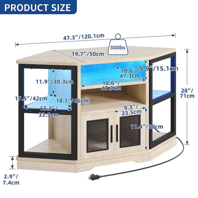 Mobile TV ad angolo in stile rustico con prese di corrente e porte USB – Rovere / Grigio Antracite / Marrone / Nero / Bianco e altro, Singolo, Adatto a TV fino a 55"