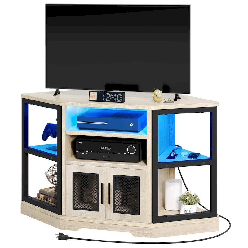 Mobile TV ad angolo in stile rustico con prese di corrente e porte USB – Rovere / Grigio Antracite / Marrone / Nero / Bianco e altro, Singolo, Adatto a TV fino a 55"