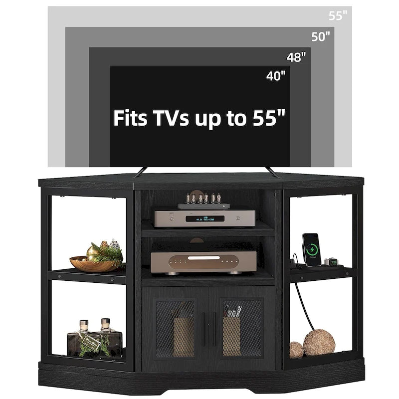 Mobile TV ad angolo in stile rustico con prese di corrente e porte USB – Rovere / Grigio Antracite / Marrone / Nero / Bianco e altro, Singolo, Adatto a TV fino a 55"