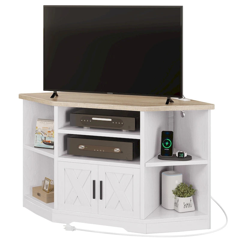 Mobile TV ad angolo in stile rustico con prese di corrente e porte USB – Rovere / Grigio Antracite / Marrone / Nero / Bianco e altro, Singolo, Adatto a TV fino a 55"