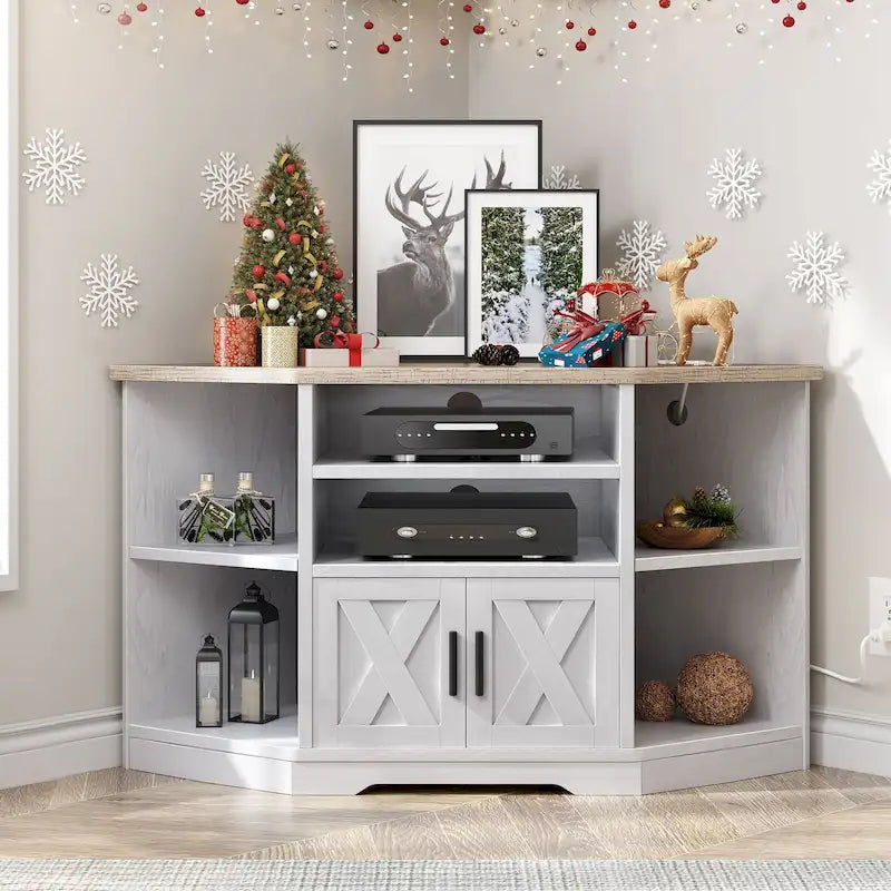 Mobile TV ad angolo in stile rustico con prese di corrente e porte USB – Rovere / Grigio Antracite / Marrone / Nero / Bianco e altro, Singolo, Adatto a TV fino a 55"