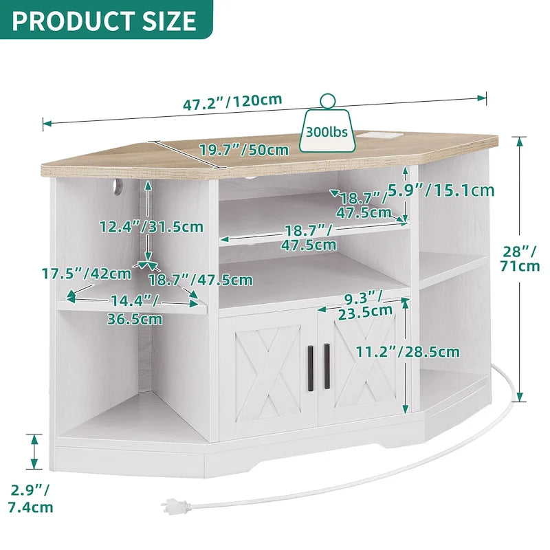 Mobile TV ad angolo in stile rustico con prese di corrente e porte USB – Rovere / Grigio Antracite / Marrone / Nero / Bianco e altro, Singolo, Adatto a TV fino a 55"