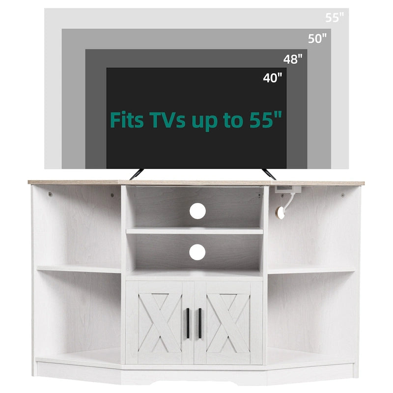 Mobile TV ad angolo in stile rustico con prese di corrente e porte USB – Rovere / Grigio Antracite / Marrone / Nero / Bianco e altro, Singolo, Adatto a TV fino a 55"