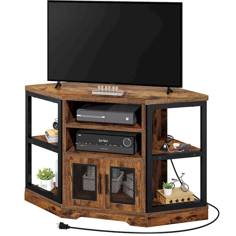 Mobile TV ad angolo in stile rustico con prese di corrente e porte USB – Rovere / Grigio Antracite / Marrone / Nero / Bianco e altro, Singolo, Adatto a TV fino a 55"