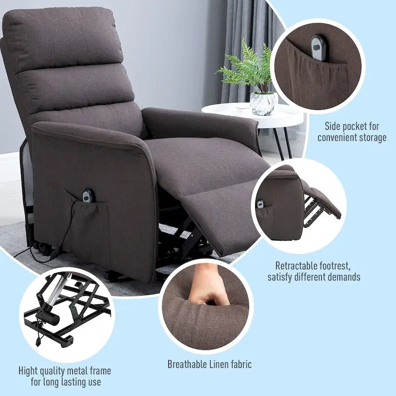 Poltrona Reclinabile Power Lift Assist con Telecomando e Rivestimento in Lino – Grigio / Marrone, Singola