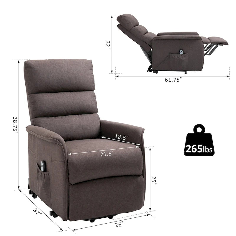 Poltrona Reclinabile Power Lift Assist con Telecomando e Rivestimento in Lino – Grigio / Marrone, Singola