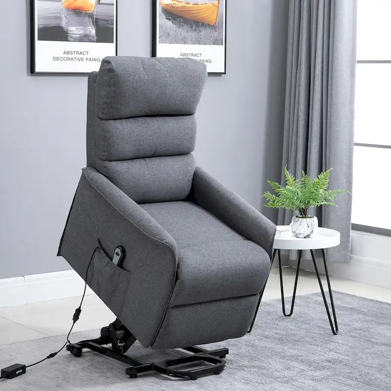 Poltrona Reclinabile Power Lift Assist con Telecomando e Rivestimento in Lino – Grigio / Marrone, Singola