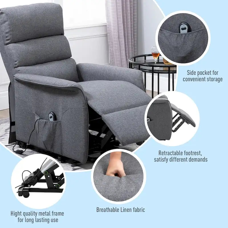 Poltrona Reclinabile Power Lift Assist con Telecomando e Rivestimento in Lino – Grigio / Marrone, Singola