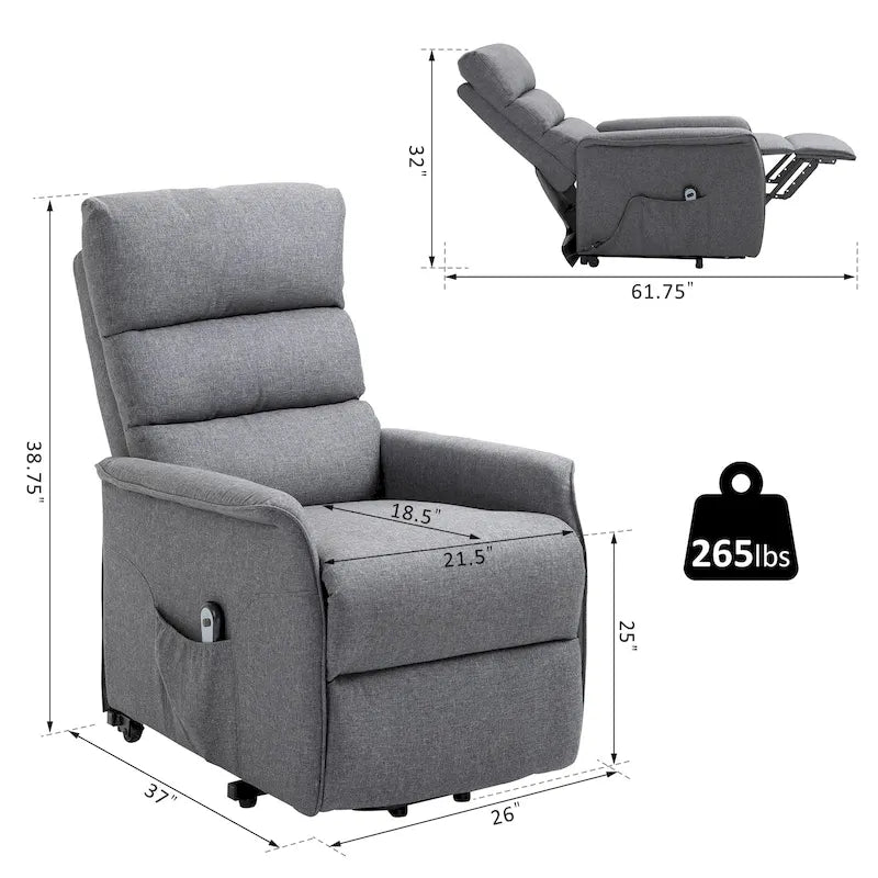 Poltrona Reclinabile Power Lift Assist con Telecomando e Rivestimento in Lino – Grigio / Marrone, Singola