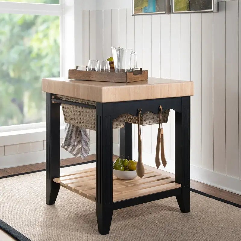 Isola da Cucina Quadrata con Piano in Legno Massello, 2 Cassetti a Cesto Estraibili e 4 Ganci per Utensili – Nero/Bianco, Singola