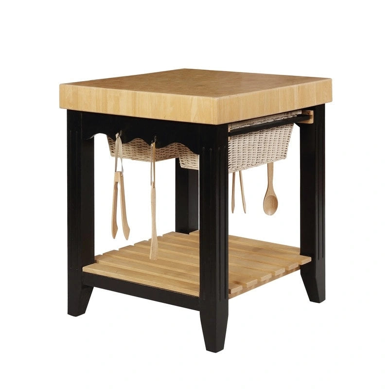 Isola da Cucina Quadrata con Piano in Legno Massello, 2 Cassetti a Cesto Estraibili e 4 Ganci per Utensili – Nero/Bianco, Singola