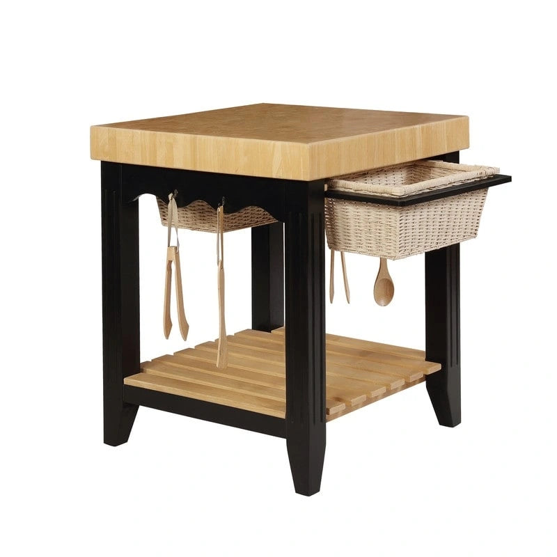 Isola da Cucina Quadrata con Piano in Legno Massello, 2 Cassetti a Cesto Estraibili e 4 Ganci per Utensili – Nero/Bianco, Singola
