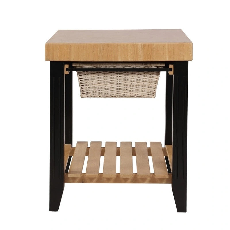 Isola da Cucina Quadrata con Piano in Legno Massello, 2 Cassetti a Cesto Estraibili e 4 Ganci per Utensili – Nero/Bianco, Singola