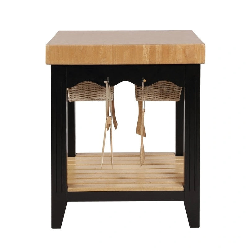 Isola da Cucina Quadrata con Piano in Legno Massello, 2 Cassetti a Cesto Estraibili e 4 Ganci per Utensili – Nero/Bianco, Singola